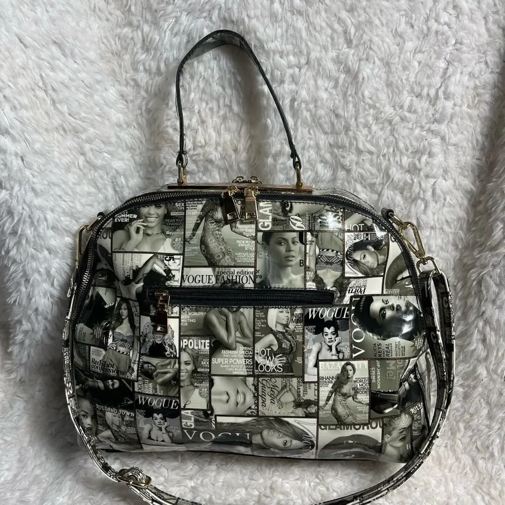 Glossy Magazine Black and White collage large dome Satchel/shoulder bag .